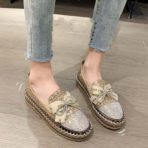 Women's Gold Rhinestone Slip On Walking Bowknot Glitter Bling Sneakers Shoes - Picture 2 of 7